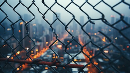 Bokeh of a night city through a damaged wire mesh fence