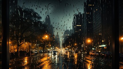 lights of the night city with a blurred background and raindrops on the glass