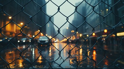 Bokeh of a night city through a damaged wire mesh fence - obrazy, fototapety, plakaty
