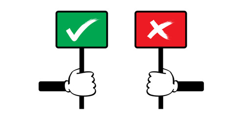 Cartoon hand and signboard vote. Accept or unaccepted vote. Don't or Dont Do's or don'ts. Unlike or dislike day hands. Compliments, oke or like hand thumb up or thumbs down. Yes or no feedback.