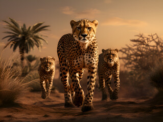 Cheetah Family on the Prowl. Cheetahs walking in Savannah at the sunset. Wild animals in natural habitat. Animals of South Africa. Sahara Cheetahs on the Move