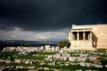 Caryatid porch on a cloudy day. Acropolis, Athens, Greece - obrazy, fototapety, plakaty