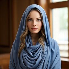 Fototapeta premium Portrait of beautiful young woman in blue dress Elegant lady in luxury interior bride wedding concept Generative AI