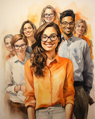 watercolor illustration of a diverse group of students / interns - obrazy, fototapety, plakaty