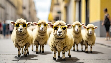 A group of sheep wearing yellow sunglasses and walking in the city, Generated with AI