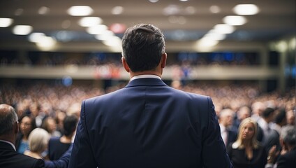 Rear view of politician during the election speech in front of the crowd. Generated with AI - obrazy, fototapety, plakaty
