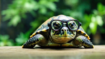 Obraz premium Cute little green turtle with glasses in front. Generated with AI