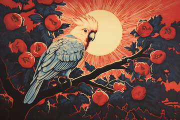  Art life of bird in nature, block print style ai generate