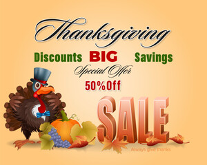 Holiday design with figurative 3d and handwriting texts, turkey and harvest on leaf in autumn colors for Thanksgiving day, sales, commercial event; Vector illustration