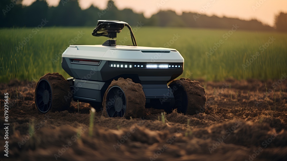 Poster an advanced autonomous robot drone equipped with sensors and ai technology is operating in an agricu