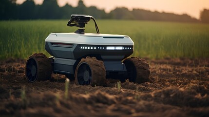 An advanced autonomous robot drone equipped with sensors and AI technology is operating in an agricultural field, showcasing the latest in smart farming automation and precision agriculture.