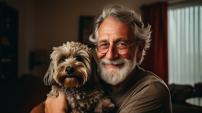 portrait of a senior man with a pet dog