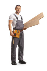 Full length shot of a carpenter holding wooden beams