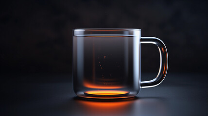 Black Glass Mug Mockup Against the Background of Blurred Lights. Empty mug mock up for brand promotion.