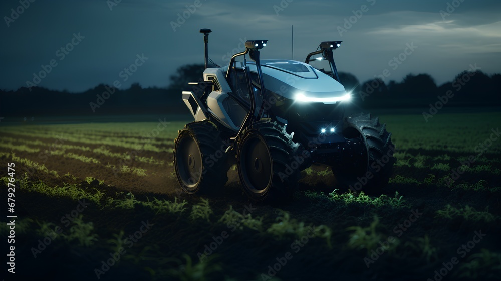 Poster autonomous robot equipped with sensors and ai technology working in an agricultural field, showcasin