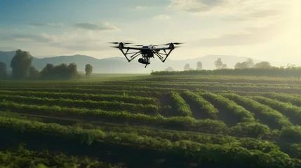 Foto op Canvas An advanced autonomous robot drone equipped with sensors and AI technology is operating in an agricultural field, showcasing the latest in smart farming automation and precision agriculture. © TensorSpark