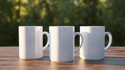 Three White Mugs Mockup Against the Background of Blurred Lights. Empty mug mock up for brand promotion.