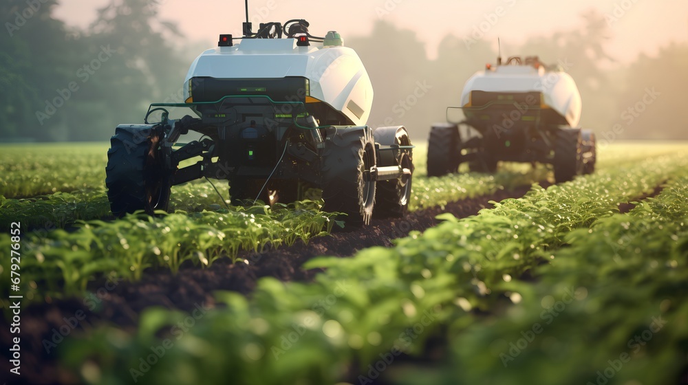 Poster autonomous robot equipped with sensors and ai technology working in an agricultural field, showcasin