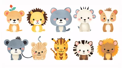 Poster Schattige dieren set Adorable Baby Animal Set with Zebra, Giraffe, Hippo, Lion, Flamingo, Monkey, Elephant, Tiger