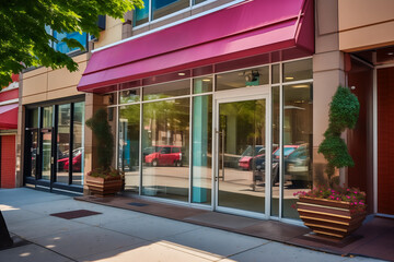 Storefront with pink awning, glass doors, and decorative plants on sunny day.