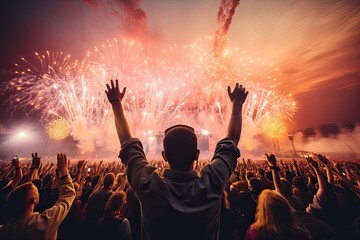 Fototapeta na wymiar Crowd cheering at a music festival with fireworks exploding in the sky, rear view of the crowd cheering at a music festival with fireworks in the background, AI Generated
