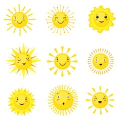 Sun emoji. Cute funny summer sunshine faces, cartoon happy emotions smile, nature fun smiles, children baby yellow hand drawn, sunny logo weather