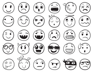 Doodle emoji set. Doodles image pictograms, Smile emotion funny faces, happy fun emoticon line icons, sad hand drawn, neat outline isolated png illustration