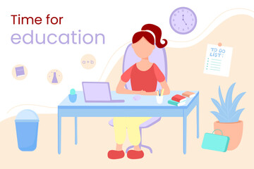 Girl with laptop and books Table with pencil cup Vector illustration for online education in flat style