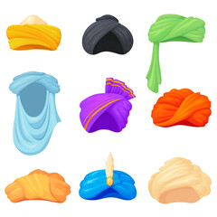 Arabic turban set. Indian traditional hats, india culture clothing, sikh headgear, oriental cultures headdress, ethnic arabian clothes