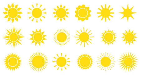 Warm sun symbols. Suns png icons, natural sunshine symbol set, spring sunny rays pictograms, summer solar hot weather sunbeams graphics, sunlight signs neat illustration image - obrazy, fototapety, plakaty