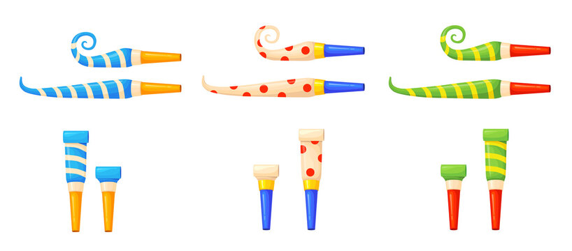 Party blower. Rolled birthday whistle, carnival horn accessory, noise maker for children, new year celebration, neat png cartoon illustration
