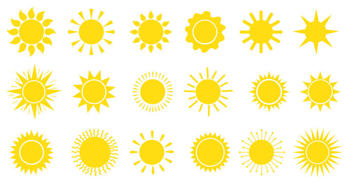 Warm sun symbols. Suns png icons, natural sunshine symbol set, spring sunny rays pictograms, summer solar hot weather sunbeams graphics, sunlight signs neat illustration image