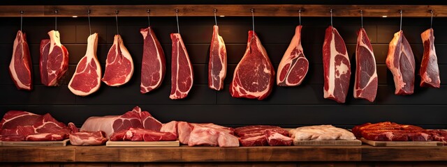 meat cuts selection displayed in wooden ray at a butcher - obrazy, fototapety, plakaty