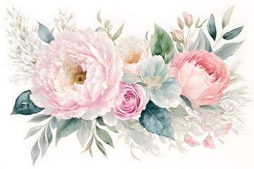 Watercolor Painting Banner, Background. Breathtaking Bouquet Of Delicate Pink Flowers, Roses, And Lush Eucalyptus Greenery. Generative AI.