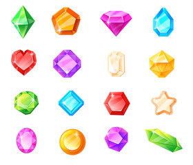 Fantasy jewelry gems. Crystal stone for game, magic gemstones, achievement fairytale treasure, royal glitter, gui, cartoon png illustration, neat isolated icon