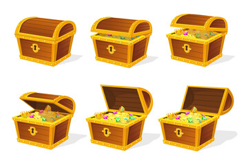 Treasures chest animation. Treasure box animated frames, golden treasurer locker opening, gold money ancient wood case for games neat png illustration