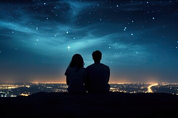 Couple sitting on the top of a mountain watching the night city, rear view silhouettes of a couple sitting on the top of the hill looking and pointing out at shooting star, AI Generated