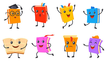 Cute textbook characters. Cute books literature books with sad face eyes hands, funny school book mascot, childish emoji, cartoon icon neat png illustration