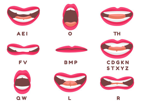 Red lips animation. Mouth talk sync, beautiful woman lip speaking english language pronunciation letter, sound speech, decent set png illustration