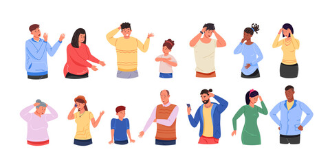 Surprised confused people. Scared worry woman, face person, doubt reaction, startled scream shock gesture hand, young man good excited astonishment