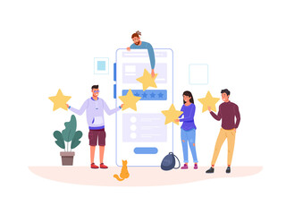 Customers giving five stars. Customer service review, clients feedback, success experience, satisfaction survey, client hand holding star, garish icon png illustration