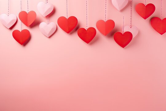 Valentine's day background with paper hearts on a pink background, Red paper cut hearts hanging on pink background, AI Generated
