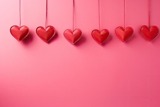 Valentine's day background with red hearts on pink background, Red paper cut hearts hanging on pink background, AI Generated