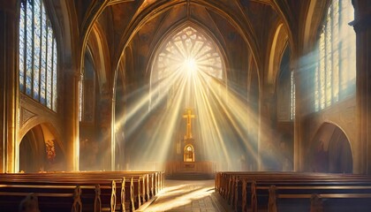 Interior of church with divine light  - obrazy, fototapety, plakaty