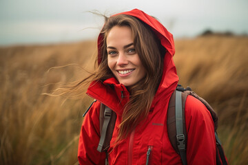 Mujer joven senderista con abrigo rojo y sonrisa radiante en un dia de senderimos.  - obrazy, fototapety, plakaty