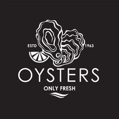 label of fresh oyster shell and lemon isolated on black background