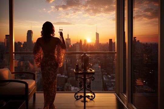 Fototapeta Beautiful woman with glass of champagne standing on a balcony at sunset, Rich woman rear view enjoy the sunset standing on the balcony at luxury apartments in New York City, AI Generated