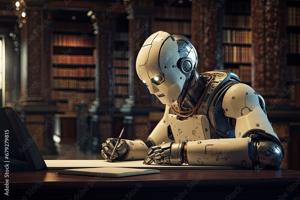 Poster 3d rendering of a robot reading a book in a library, robot author writing on a notepad in an old lib