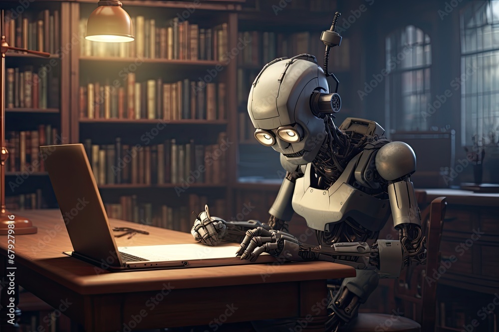 Poster robot working in a library. 3d rendering, robot author writing on a notepad in an old library, ai ge