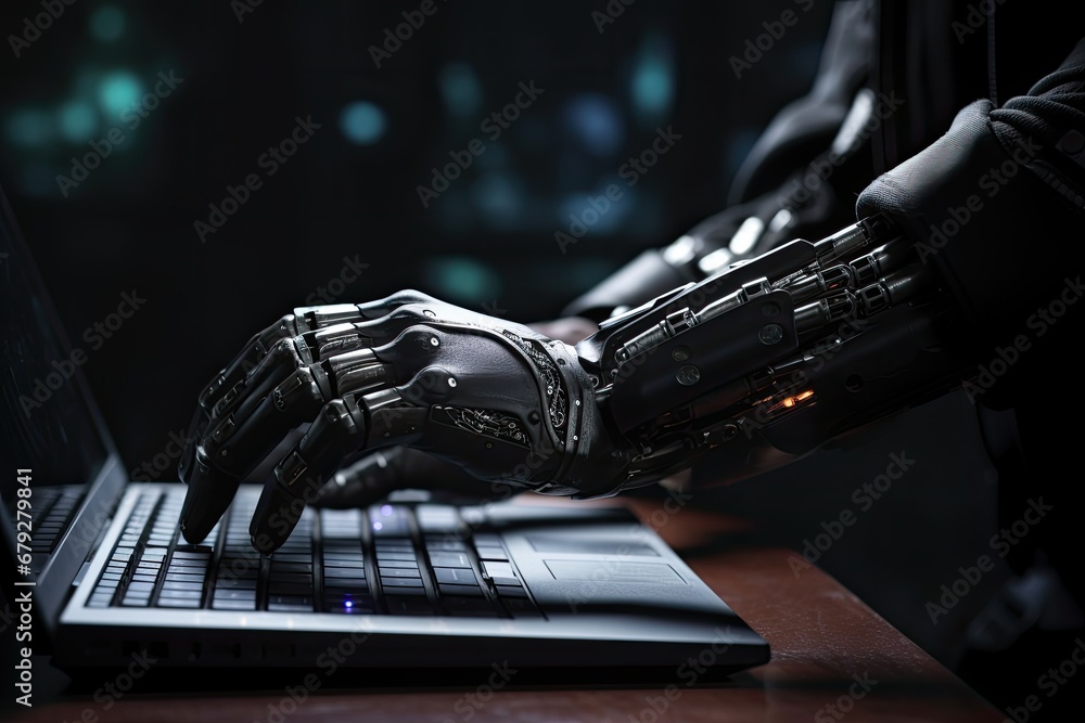 Poster robot hand typing on laptop keyboard at night. artificial intelligence concept, robot hand working o